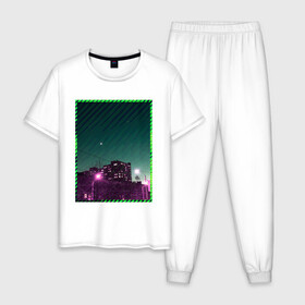 Мужская пижама хлопок с принтом Ночной город в Белгороде, 100% хлопок | брюки и футболка прямого кроя, без карманов, на брюках мягкая резинка на поясе и по низу штанин
 | city | light | moon | neon | night | stripes | город | месяц | неон | ночь | полосы | фонари