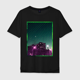 Мужская футболка хлопок Oversize с принтом Ночной город в Белгороде, 100% хлопок | свободный крой, круглый ворот, “спинка” длиннее передней части | city | light | moon | neon | night | stripes | город | месяц | неон | ночь | полосы | фонари