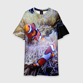 Детское платье 3D с принтом Клоуны в актинии в Белгороде, 100% полиэстер | прямой силуэт, чуть расширенный к низу. Круглая горловина, на рукавах — воланы | актиния | клоуны | коралловые | море | подводный мир | рыбки