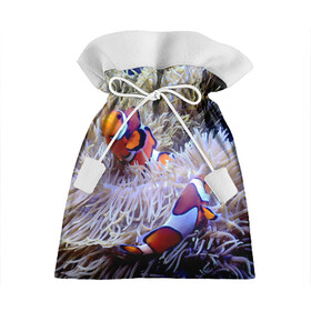 Подарочный 3D мешок с принтом Клоуны в актинии в Белгороде, 100% полиэстер | Размер: 29*39 см | Тематика изображения на принте: актиния | клоуны | коралловые | море | подводный мир | рыбки