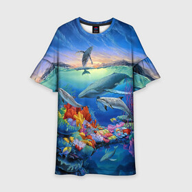 Детское платье 3D с принтом Киты и дельфины в Белгороде, 100% полиэстер | прямой силуэт, чуть расширенный к низу. Круглая горловина, на рукавах — воланы | Тематика изображения на принте: горы | дельфины | закат солнца | киты | кораллы | море | океан | подводный мир