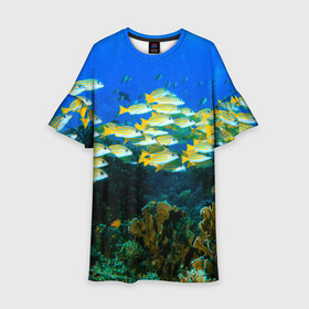 Детское платье 3D с принтом Коралловые рыбки в Белгороде, 100% полиэстер | прямой силуэт, чуть расширенный к низу. Круглая горловина, на рукавах — воланы | коралловые | кораллы | море | морские обитатели | океан | подводный мир | рыбки