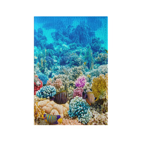 Обложка для паспорта матовая кожа с принтом Риф в Белгороде, натуральная матовая кожа | размер 19,3 х 13,7 см; прозрачные пластиковые крепления | Тематика изображения на принте: коралловый риф | полосатые рыбы | риф | рыбы | сказочный риф