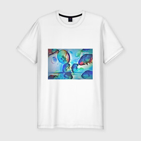 Мужская футболка хлопок Slim с принтом Медузы в море в Белгороде, 92% хлопок, 8% лайкра | приталенный силуэт, круглый вырез ворота, длина до линии бедра, короткий рукав | медуза | медузы | море | морская фауна | морские жители | подводный мир
