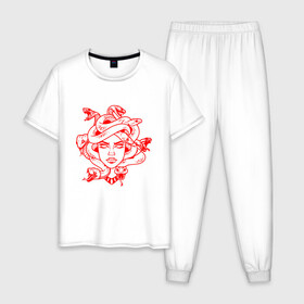 Мужская пижама хлопок с принтом Tattoo T-shirt Medusa Red в Белгороде, 100% хлопок | брюки и футболка прямого кроя, без карманов, на брюках мягкая резинка на поясе и по низу штанин
 | minimal | tattoo | медуза | минимализм | мифология | тату