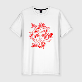 Мужская футболка хлопок Slim с принтом Tattoo T-shirt Medusa Red в Белгороде, 92% хлопок, 8% лайкра | приталенный силуэт, круглый вырез ворота, длина до линии бедра, короткий рукав | minimal | tattoo | медуза | минимализм | мифология | тату