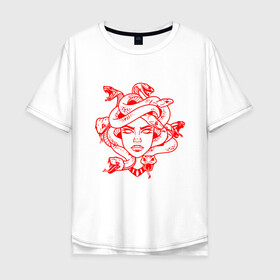 Мужская футболка хлопок Oversize с принтом Tattoo T-shirt Medusa Red в Белгороде, 100% хлопок | свободный крой, круглый ворот, “спинка” длиннее передней части | minimal | tattoo | медуза | минимализм | мифология | тату