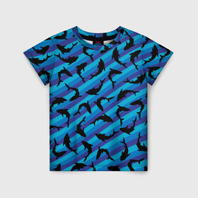 Детская футболка 3D с принтом Черные акулы паттерн в Белгороде, 100% гипоаллергенный полиэфир | прямой крой, круглый вырез горловины, длина до линии бедер, чуть спущенное плечо, ткань немного тянется | black | shark | акула | акулы | жители | клыки | море | морские | океан | паттерн | рыба | черные