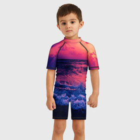 Детский купальный костюм 3D с принтом Закат на берегу в Белгороде, Полиэстер 85%, Спандекс 15% | застежка на молнии на спине | берег | волны | закат | море | пляж