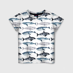 Детская футболка 3D с принтом киты в Белгороде, 100% гипоаллергенный полиэфир | прямой крой, круглый вырез горловины, длина до линии бедер, чуть спущенное плечо, ткань немного тянется | ocean | sea | касатки | киты | море | морские мотивы | морской принт | морской фон | океан | паттерн | рыбы | текстуры
