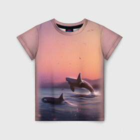 Детская футболка 3D с принтом касатки в Белгороде, 100% гипоаллергенный полиэфир | прямой крой, круглый вырез горловины, длина до линии бедер, чуть спущенное плечо, ткань немного тянется | ocean | orca | sea | sea animal | дельфин | закат | касатка | кит | море | океан | рисунок кита