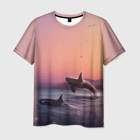Мужская футболка 3D с принтом касатки в Белгороде, 100% полиэфир | прямой крой, круглый вырез горловины, длина до линии бедер | ocean | orca | sea | sea animal | дельфин | закат | касатка | кит | море | океан | рисунок кита