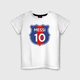 Детская футболка хлопок с принтом Lionel Messi 10 эмблема с флагом в Белгороде, 100% хлопок | круглый вырез горловины, полуприлегающий силуэт, длина до линии бедер | argentina | barca | barcelona | fc barcelona | lionel messi | spain | sport | uefa | аргентина | барса | барселона | золотой мяч | игрок | испания | камп ноу | лео месси | лионель месси | мяч | спорт | тренер | уефа 