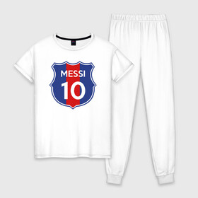 Женская пижама хлопок с принтом Lionel Messi 10 эмблема с флагом в Белгороде, 100% хлопок | брюки и футболка прямого кроя, без карманов, на брюках мягкая резинка на поясе и по низу штанин | argentina | barca | barcelona | fc barcelona | lionel messi | spain | sport | uefa | аргентина | барса | барселона | золотой мяч | игрок | испания | камп ноу | лео месси | лионель месси | мяч | спорт | тренер | уефа 