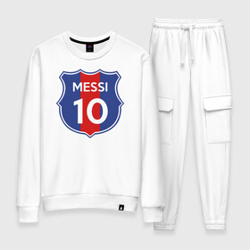 Женский костюм хлопок с принтом Lionel Messi 10 эмблема с флагом в Белгороде, 100% хлопок | на свитшоте круглая горловина, мягкая резинка по низу. Брюки заужены к низу, на них два вида карманов: два 