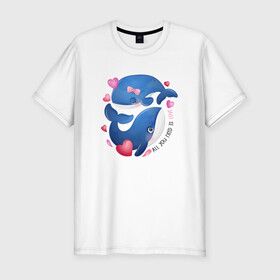 Мужская футболка хлопок Slim с принтом Два дельфина в Белгороде, 92% хлопок, 8% лайкра | приталенный силуэт, круглый вырез ворота, длина до линии бедра, короткий рукав | cute | dolphin | love | два дельфина | дельфин | дельфинами | любовь | милый | мир | подводный