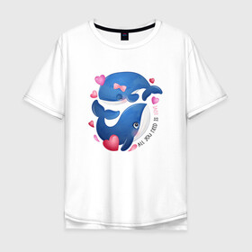 Мужская футболка хлопок Oversize с принтом Два дельфина в Белгороде, 100% хлопок | свободный крой, круглый ворот, “спинка” длиннее передней части | cute | dolphin | love | два дельфина | дельфин | дельфинами | любовь | милый | мир | подводный