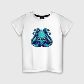 Детская футболка хлопок с принтом Голубой осьминог в Белгороде, 100% хлопок | круглый вырез горловины, полуприлегающий силуэт, длина до линии бедер | cute | kraken | octopus | живность | жители | кракен | милый | мир | морские | осьминог | осьминожка | подводный | тентакли