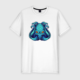 Мужская футболка хлопок Slim с принтом Голубой осьминог в Белгороде, 92% хлопок, 8% лайкра | приталенный силуэт, круглый вырез ворота, длина до линии бедра, короткий рукав | cute | kraken | octopus | живность | жители | кракен | милый | мир | морские | осьминог | осьминожка | подводный | тентакли
