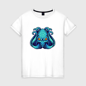 Женская футболка хлопок с принтом Голубой осьминог в Белгороде, 100% хлопок | прямой крой, круглый вырез горловины, длина до линии бедер, слегка спущенное плечо | cute | kraken | octopus | живность | жители | кракен | милый | мир | морские | осьминог | осьминожка | подводный | тентакли