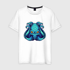 Мужская футболка хлопок с принтом Голубой осьминог в Белгороде, 100% хлопок | прямой крой, круглый вырез горловины, длина до линии бедер, слегка спущенное плечо. | cute | kraken | octopus | живность | жители | кракен | милый | мир | морские | осьминог | осьминожка | подводный | тентакли