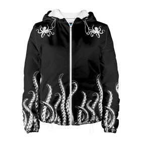 Женская куртка 3D с принтом Octopus Щупальца в Белгороде, ткань верха — 100% полиэстер, подклад — флис | прямой крой, подол и капюшон оформлены резинкой с фиксаторами, два кармана без застежек по бокам, один большой потайной карман на груди. Карман на груди застегивается на липучку | animal | beast | kraken | ocean | octopus | sea | ship | water | вода | животные | звери | корабль | кракен | море | океан | осьминог | рыбы | щупальца