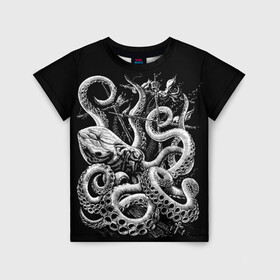 Детская футболка 3D с принтом Кракен Монстр в Белгороде, 100% гипоаллергенный полиэфир | прямой крой, круглый вырез горловины, длина до линии бедер, чуть спущенное плечо, ткань немного тянется | animal | beast | kraken | monster | ocean | octopus | sea | ship | water | вода | животные | звери | корабль | кракен | монстр | море | океан | осьминог | рыбы | щупальца