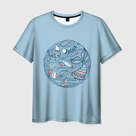 Мужская футболка 3D с принтом Sea Circle в Белгороде, 100% полиэфир | прямой крой, круглый вырез горловины, длина до линии бедер | circle | fish | inhabitants | marine | ocean | sea | water | waves | вода | волны | жители | круг | море | морсие | морской | оитатели | океан | рыба