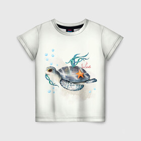 Детская футболка 3D с принтом черепашка в Белгороде, 100% гипоаллергенный полиэфир | прямой крой, круглый вырез горловины, длина до линии бедер, чуть спущенное плечо, ткань немного тянется | ocean | sea | sea animal | акварель | водоросли | графика | море | океан | подводный мир | черепаха