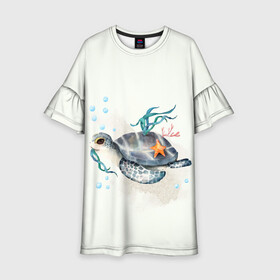 Детское платье 3D с принтом черепашка в Белгороде, 100% полиэстер | прямой силуэт, чуть расширенный к низу. Круглая горловина, на рукавах — воланы | Тематика изображения на принте: ocean | sea | sea animal | акварель | водоросли | графика | море | океан | подводный мир | черепаха