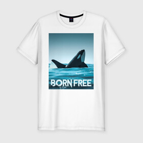 Мужская футболка хлопок Slim с принтом рожденная свободной в Белгороде, 92% хлопок, 8% лайкра | приталенный силуэт, круглый вырез ворота, длина до линии бедра, короткий рукав | ocean | orca | sea | sea animal | дельфин | касатка | кит | море | океан | рисунок кита