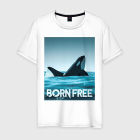 Мужская футболка хлопок с принтом рожденная свободной в Белгороде, 100% хлопок | прямой крой, круглый вырез горловины, длина до линии бедер, слегка спущенное плечо. | Тематика изображения на принте: ocean | orca | sea | sea animal | дельфин | касатка | кит | море | океан | рисунок кита