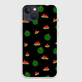 Чехол для iPhone 13 с принтом Арбуз на черном фоне в Белгороде,  |  | food | pattern | red | ripe | round | seeds | slice | slices | small | summer | watermelon | whole | арбуз | горох | еда | красный | круглый | кусочки | летний | ломтик | мелкий | нарезанный | паттерн | пища | семечки | спелый | целый
