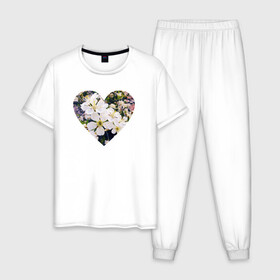 Мужская пижама хлопок с принтом Spring heart в Белгороде, 100% хлопок | брюки и футболка прямого кроя, без карманов, на брюках мягкая резинка на поясе и по низу штанин
 | Тематика изображения на принте: flower. heart | весна | любовь | сердце | цветы