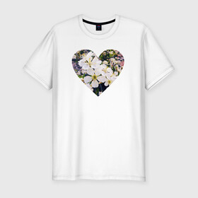 Мужская футболка хлопок Slim с принтом Spring heart в Белгороде, 92% хлопок, 8% лайкра | приталенный силуэт, круглый вырез ворота, длина до линии бедра, короткий рукав | Тематика изображения на принте: flower. heart | весна | любовь | сердце | цветы
