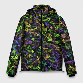 Мужская зимняя куртка 3D с принтом Neon Fish Bone в Белгороде, верх — 100% полиэстер; подкладка — 100% полиэстер; утеплитель — 100% полиэстер | длина ниже бедра, свободный силуэт Оверсайз. Есть воротник-стойка, отстегивающийся капюшон и ветрозащитная планка. 

Боковые карманы с листочкой на кнопках и внутренний карман на молнии. | bone | deadfish | fish | fishbone | neon | дохлая | кости | кость | неон | неоновый | паттерн | рыба | рыбки | рыбы | рыбья | скелет
