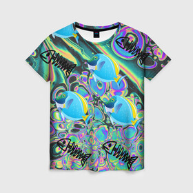 Женская футболка 3D с принтом Life cycle в Белгороде, 100% полиэфир ( синтетическое хлопкоподобное полотно) | прямой крой, круглый вырез горловины, длина до линии бедер | acid | colors | fish | life | ocean | море | океан | рыба