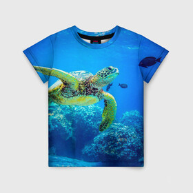 Детская футболка 3D с принтом Морская черепаха в Белгороде, 100% гипоаллергенный полиэфир | прямой крой, круглый вырез горловины, длина до линии бедер, чуть спущенное плечо, ткань немного тянется | Тематика изображения на принте: морская черепаха | океан | подводный мир | черепаха