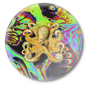 Значок с принтом Octopus Ink в Белгороде,  металл | круглая форма, металлическая застежка в виде булавки | abstraction | acid | kraken | ocean | octopus | sea | море | осьминог