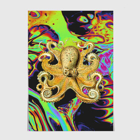 Постер с принтом Octopus Ink в Белгороде, 100% бумага
 | бумага, плотность 150 мг. Матовая, но за счет высокого коэффициента гладкости имеет небольшой блеск и дает на свету блики, но в отличии от глянцевой бумаги не покрыта лаком | abstraction | acid | kraken | ocean | octopus | sea | море | осьминог