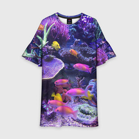 Детское платье 3D с принтом Коралловые рыбки в Белгороде, 100% полиэстер | прямой силуэт, чуть расширенный к низу. Круглая горловина, на рукавах — воланы | Тематика изображения на принте: дно морское | коралловые | кораллы | море | подводный мир | рыбки