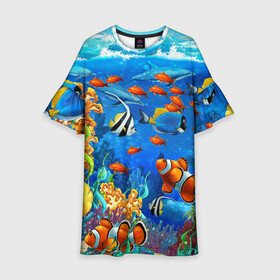 Детское платье 3D с принтом Коралловые рыбки в Белгороде, 100% полиэстер | прямой силуэт, чуть расширенный к низу. Круглая горловина, на рукавах — воланы | дно морское | коралловые | кораллы | море | подводный мир | рыбки