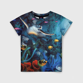 Детская футболка 3D с принтом Морская черепаха в Белгороде, 100% гипоаллергенный полиэфир | прямой крой, круглый вырез горловины, длина до линии бедер, чуть спущенное плечо, ткань немного тянется | коралловые | кораллы | море | морская черепаха | морские обитатели | океан | подводный мир | рыбки