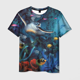 Мужская футболка 3D с принтом Морская черепаха в Белгороде, 100% полиэфир | прямой крой, круглый вырез горловины, длина до линии бедер | Тематика изображения на принте: коралловые | кораллы | море | морская черепаха | морские обитатели | океан | подводный мир | рыбки