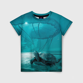 Детская футболка 3D с принтом Медуза и черепаха в Белгороде, 100% гипоаллергенный полиэфир | прямой крой, круглый вырез горловины, длина до линии бедер, чуть спущенное плечо, ткань немного тянется | Тематика изображения на принте: медуза | медуза в море | черепаха