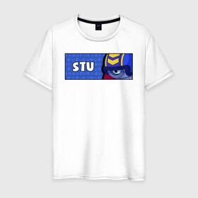 Мужская футболка хлопок с принтом STU (ПЛАШКА) в Белгороде, 100% хлопок | прямой крой, круглый вырез горловины, длина до линии бедер, слегка спущенное плечо. | android | brawl | brawl stars | clash | game | stars | stu | андроид | игра | мобильные игры