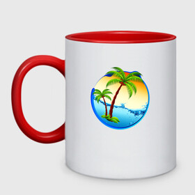 Кружка двухцветная с принтом palm beach в Белгороде, керамика | объем — 330 мл, диаметр — 80 мм. Цветная ручка и кайма сверху, в некоторых цветах — вся внутренняя часть | beach | ocean | palm trees | sea | summer | sun | sunset | vacation | закат | лето | море | океан | отдых | отпуск | пальмы | пляж | солнце