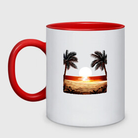 Кружка двухцветная с принтом beach в Белгороде, керамика | объем — 330 мл, диаметр — 80 мм. Цветная ручка и кайма сверху, в некоторых цветах — вся внутренняя часть | beach | ocean | palm trees | sea | summer | sun | sunset | vacation | закат | лето | море | океан | отдых | отпуск | пальмы | песок | пляж | солнце