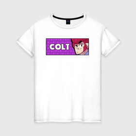 Женская футболка хлопок с принтом COLT (ПЛАШКА) в Белгороде, 100% хлопок | прямой крой, круглый вырез горловины, длина до линии бедер, слегка спущенное плечо | android | brawl | brawl stars | clash | colt | game | stars | андроид | игра | кольт | мобильные игры
