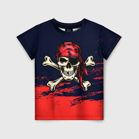 Детская футболка 3D с принтом Череп пират в Белгороде, 100% гипоаллергенный полиэфир | прямой крой, круглый вырез горловины, длина до линии бедер, чуть спущенное плечо, ткань немного тянется | Тематика изображения на принте: арт | бандана | кости | море | пират | скелет | череп